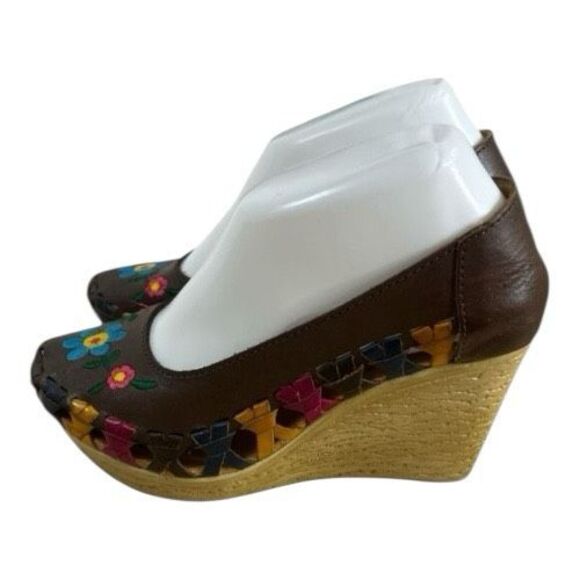 Handmade Leather Huarache Wedge Size 7 Brown Floral Embroidered Mexico Heels - Picture 12 of 12
